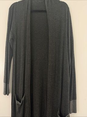 Eileen Fisher Black & Gray Striped Open-Front Long Cardigan